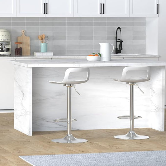 NOBPEINT Contemporary Chrome Air Lift Adjustable Swivel Bar Stool, Set of 4, White