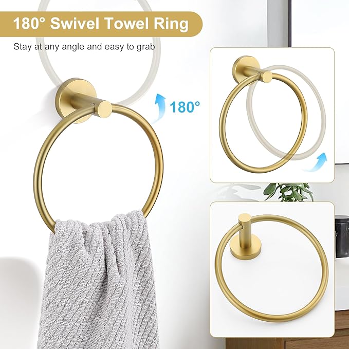 TQKAG Brushed Gold Bathroom Hardware Set 6-Piece Bathroom Accessory Set 23.6 Inch Round Stainless Steel Towel Bar Set Wall Mounted