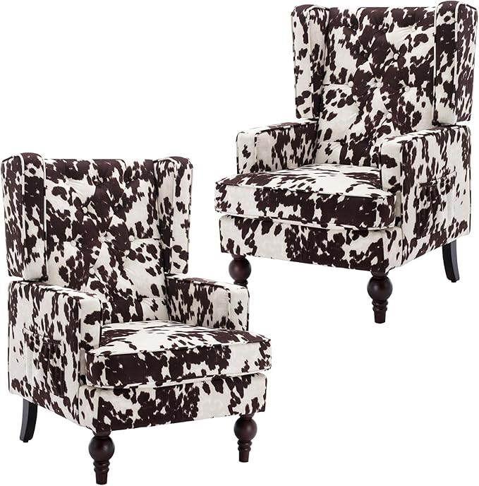 DUOMAY Tufted Accent Chair Set of 2, Modern Upholstered Wingback Side Arm Chair for Living Room Bedroom with Wood Legs, Comfy Reading Guest Chair for Office, Milk Cow/Brown