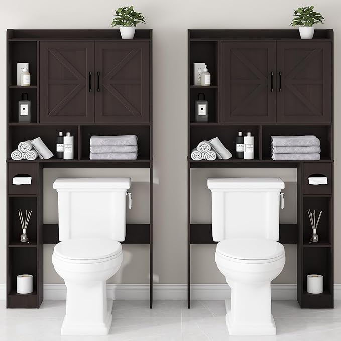 Vabches Over The Toilet Storage Cabinet, Farmhouse Storage Cabinet Over Toilet with 2 Barn Door & Toilet Paper Holder Stand,Home Space-Saving Toilet Rack, for Bathroom, Restroom, Laundry