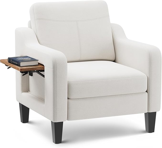 Accent Chair for Living Room Modern Linen Upholstered Armchair Side Wooden Fabric Sofa Chair with Foldable Table 2 Side Pockets Comfy Reading Chair for Bedroom