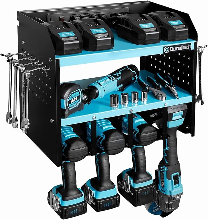 DURATECH Power Tool Organizer Wall Mount with Power Strip, Carbon Steel, Blue, 16.8in Width, 10.9in Depth, 14in Height