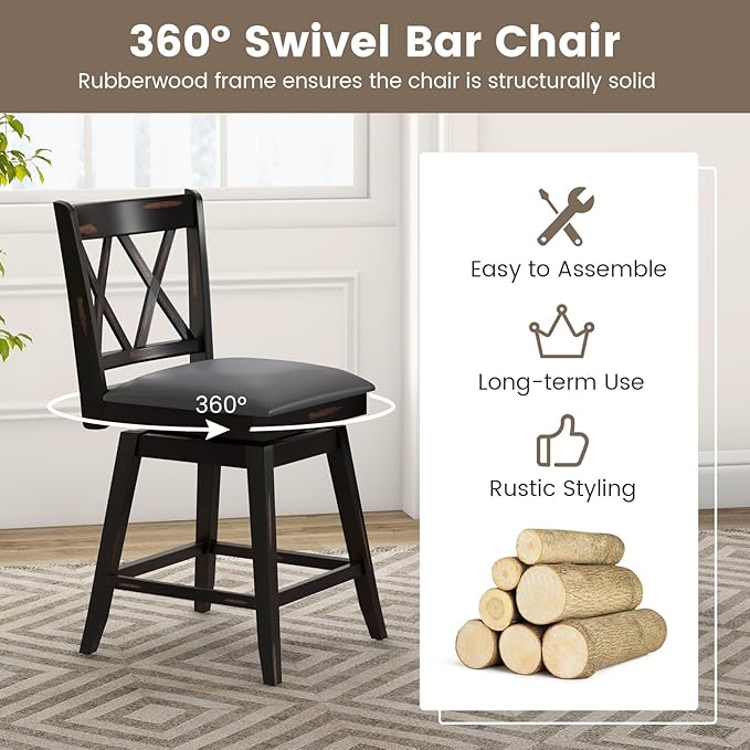 COSTWAY Bar Stool Set of 2 for Kitchen Island, 25" Counter Height Chair with Ergonomic Backrest, Foot Rest, Waterproof PVC Surface & Solid Wood Structure, 360°Swivel Farmhouse Barstool with Back