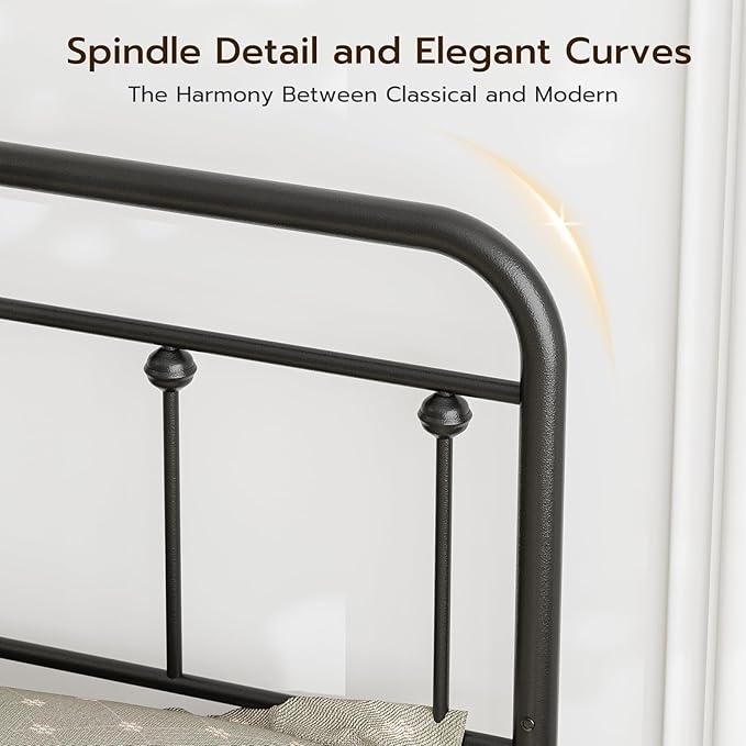 Black Metal Twin Size Headboard, Farmhouse and Vintage Style Dorm Headboards Only, Adjustable Height, Spindle Detail and Elegant Curves Design