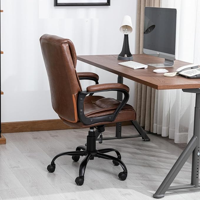 DYHOME Leather Office Chair Brown Desk Chair with Padded Armrests, Adjustable Home Office Chair Mid Back Swivel Task Chair, Ergonomic Mid Century Computer Chair, Capacity 400lbs
