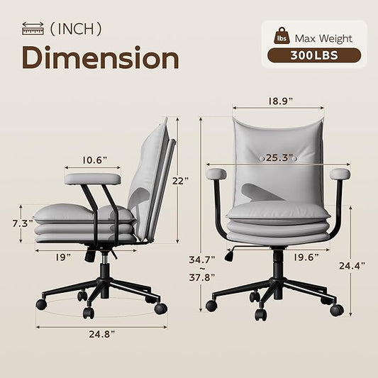 Grey Office Chair with Wheels,Triple-Layers Thicken Wide Seat Height Adjustable,Mid Back Computer Leather Desk Chair for Home,Office