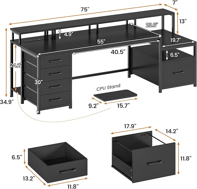 SEDETA 75'' Computer Desk with 5 Drawer, Power Outlet & Led Lights, Home Office Desk with File Drawer, Storage Shelves, Printer Cabinet and Monitor Shelf, 23.6" W Large Desktop Gaming Desk, Black