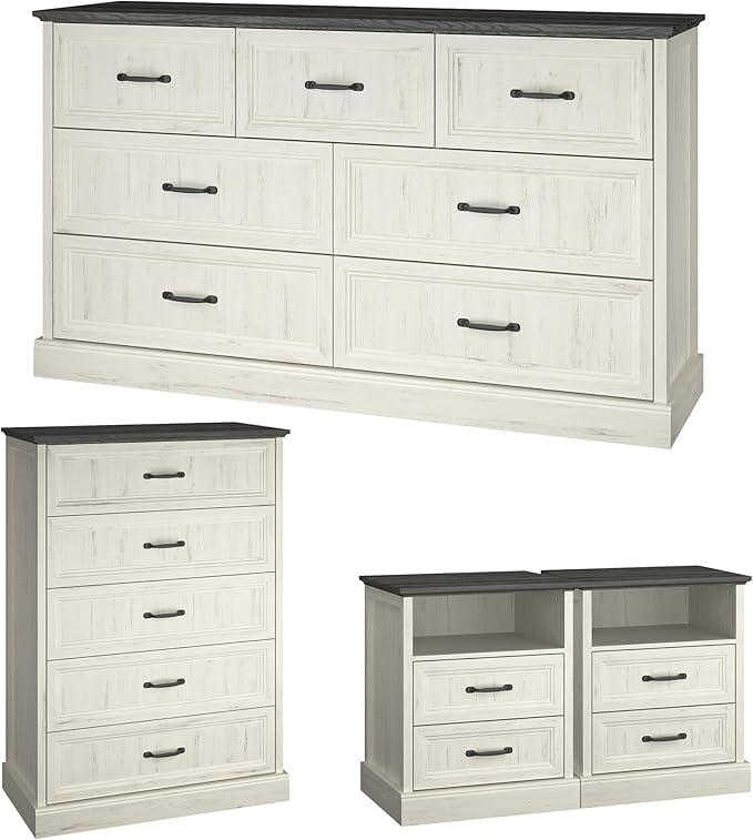 Farmhouse Dresser and Nightstand Sets, 4Pcs Bedroom Furniture Set, Nightstand Set of 2 & 55" Wide 7 Drawer and 44" Tall 5 Drawer Dresser with Large Drawers & Bar Handles, White