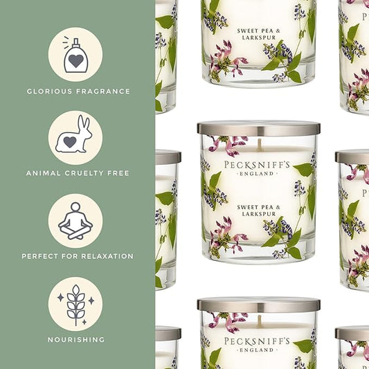 Pecksniff’s 1 Wick Candle – Sweet Pea & Lark Spur, 184 g / 6.49 oz – Long Lasting Burn, Elegant Home Decor & Relaxing Ambiance