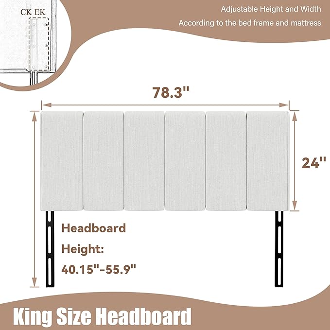 Yongchuang King Headboard Upholstered Headboards for King Size Bed Headboard Panels Adjustable Height Grayish White Linen Head Board