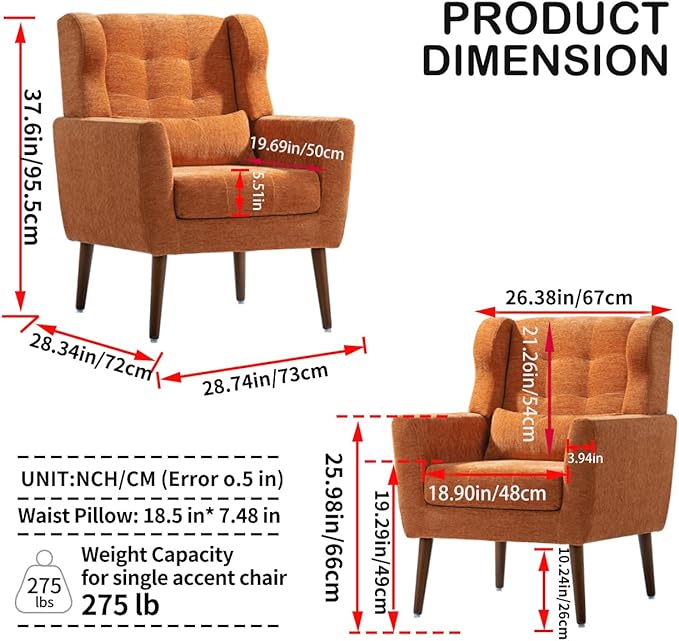 Accent Chair, Comfy Upholstered Living Room Chairs with High Tufted Backrest and Pillow, Wingback Reading Chair with Solid Wood Legs for Bedroom/Office, Chenille Fabric, Orange