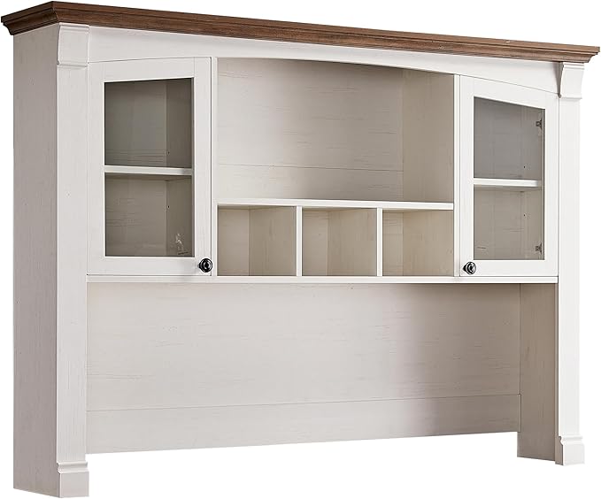 OKD Farmhouse Hutch for 60" Executive Desk, Office Desk Storage Cabinet with Glass Doors and Shelves, Top Hutch Organizer for Home Office - Antique White