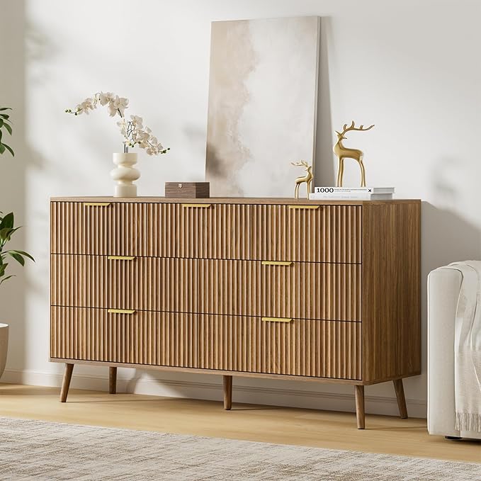 LYNSOM Fluted Dresser and Nightstand Sets 3 Piece, 7-Drawers Dresser and 1-Drawer Nightstands Set of 2, Wood Bedroom Furniture Set for Home, Bedroom, Hallway, Natural Oak
