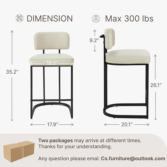 26" H Counter Height Bar Stools Set of 4, Modern Faux Leather Upholstered Barstools with Backrest for Kitchen Island, Black Metal Frames, Cream