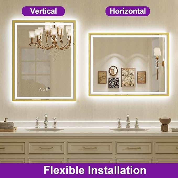 LED Bathroom Mirror, 28x36 Inch Frontlit & Backlit Gold Framed Lighted Mirror,Wall Mouted Vanity with Lights,Double Lights Strips,Anti Fog Stepless 3 Colors Temperature & Dimmable