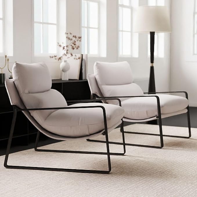 LukeAlon Modern Linen Accent Armchair, Upholstered Soft Living Room Chair with Metal Base Removable Thickened Cushion Single Sofa Chair Comfy Lounge Chair for Bedroom Living Room, White