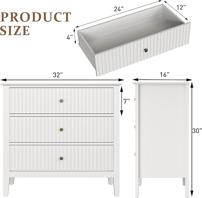RoyalCraft Large 3 Drawer Dresser Set of 2, Fluted Wood Chest of Drawers with Storage, Modern Painted 30 inch Wide Nightstand for Bedroom Living Room Entryway, White
