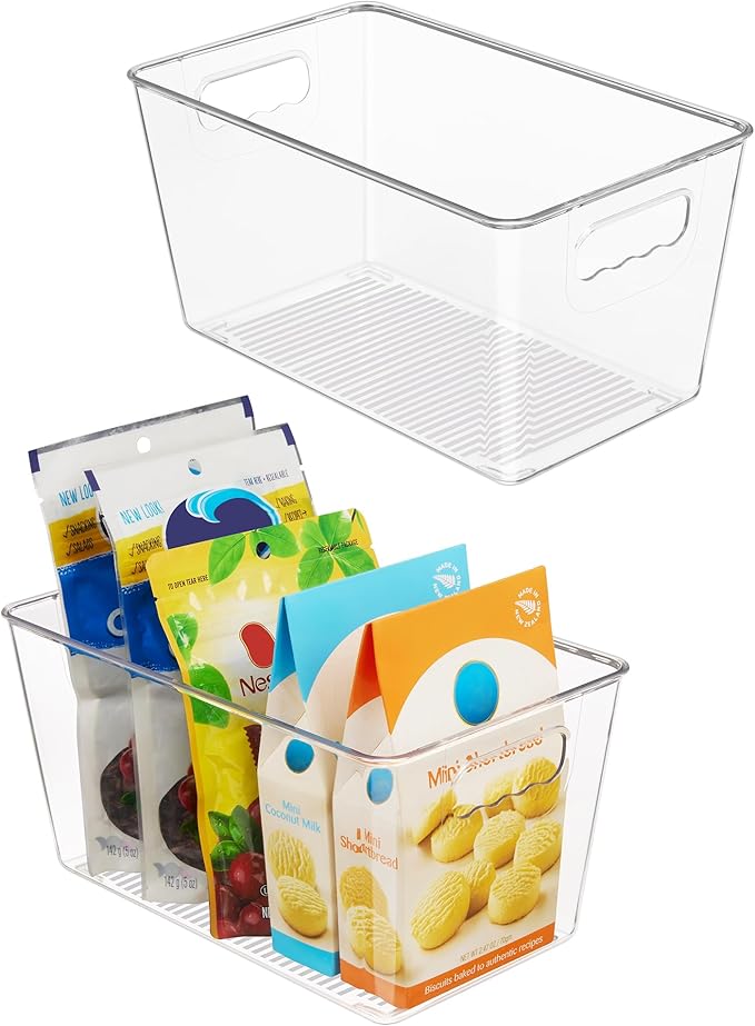 Vtopmart Clear Plastic Pantry Organizer Bins, 2 PCS Food Storage Bins with Handle for Refrigerator, Fridge, Cabinet, Kitchen, Countertops, Cupboard, Freezer Organization and Storage, BPA Free, Medium
