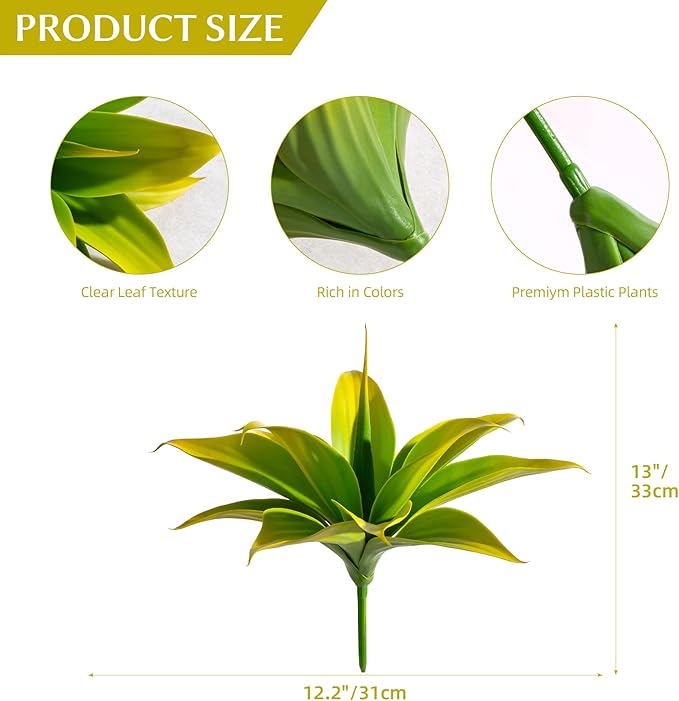 Artificial Agave Plants,Large UV Resistant Fake Agave Planters 12" for Indoor and Outdoor Decorating Tropical Plant Succulents Greenery Indoor Decor (2Pack) Yellow