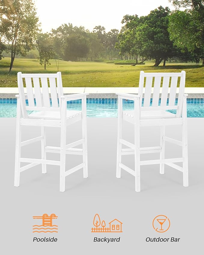 3-Piece Adirondack Chairs and Table Set, HDPE Patio Bar Sets, All Weather Outdoor Bar Stools Set, HDPE Adirondack Bar Height Chairs and Bar Table for Balcony, Porch, Garden, Pearl
