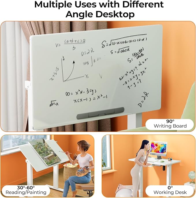 35inch Glass Standing Desk,90° Tiltable Mobile Rising Desk Height Adjustable,Whole Piece Rolling Sit Stand Table with Wheels,Foldable Small Laptop Desk,White