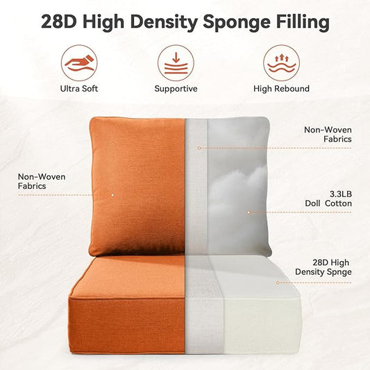 Luxury 6" Outdoor Cushions for Patio Furniture, 24x24x6" Thick Seat Cushion Set, Fade Resistant Couch Chair Replacement Cushions High Density Deep Wicker Chair Cushion with Removable Cover, Orange