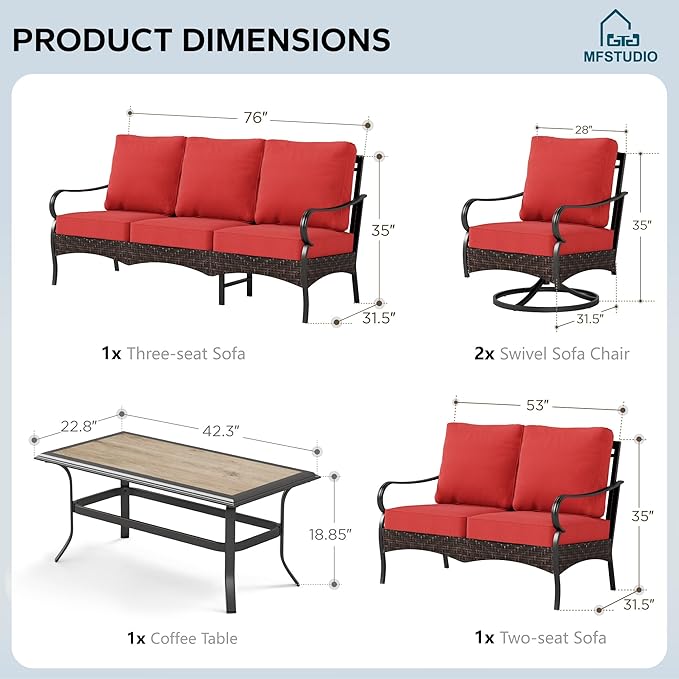 MFSTUDIO 5 PCS Outdoor Patio Furniture Set, Metal Outdoor Conversation Set, Rattan Wicker Patio Sectional Sofa Set with 2 x Swivel Single Sofa, 2-Seat and 3-Seat Sofa, 1 x Coffee Table, Red