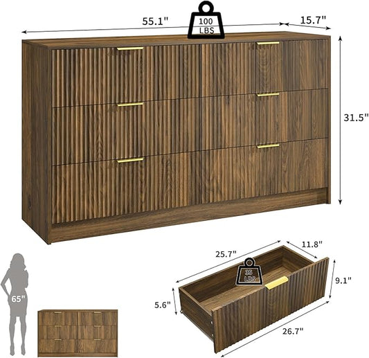 Walnut 6 Drawer Dresser Bedroom,55” Wide Fluted Dresser Wood with Gold Handles,Mid Century Wooden Chest of Drawer for Closet,Bedroom,Living Room,Walnut