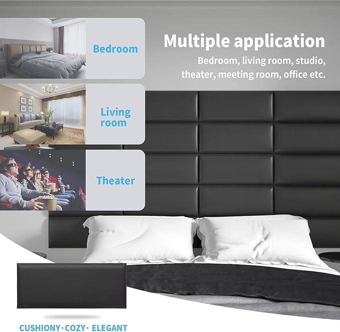 Art3d Peel and Stick Headboard for Twin in Black, Pack of 4 Panels Sized 9.84" x 23.62", 3D Wall Panel, Upholstered Wall Panel