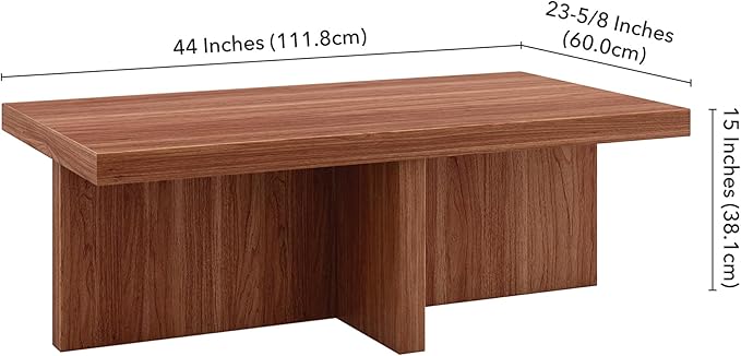 Henn&Hart 44" Rectangular Wood Pedestal Low-Profile Coffee Table for Living Room, Family Room, or Office, Satin Walnut