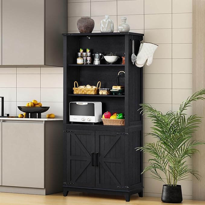70in Tall Bookshelf 5 Tier Bookcase with Barn Doors and Adjustable Shelves, Black Farmhouse Book Shelf with Storage Cabinet, Wood Freestanding Display Bookshelves for Bedroom, Kitchen (3PCS)