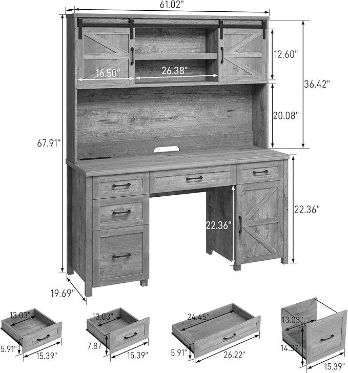 Farmhouse 67''H Executive Desk with Hutch & 5 Drawers, Rustic Office Desks Computer Desks with Charging Station, File Drawers and Storage Cabinets, Wood Workspace for Home Office & Study.(Grey).