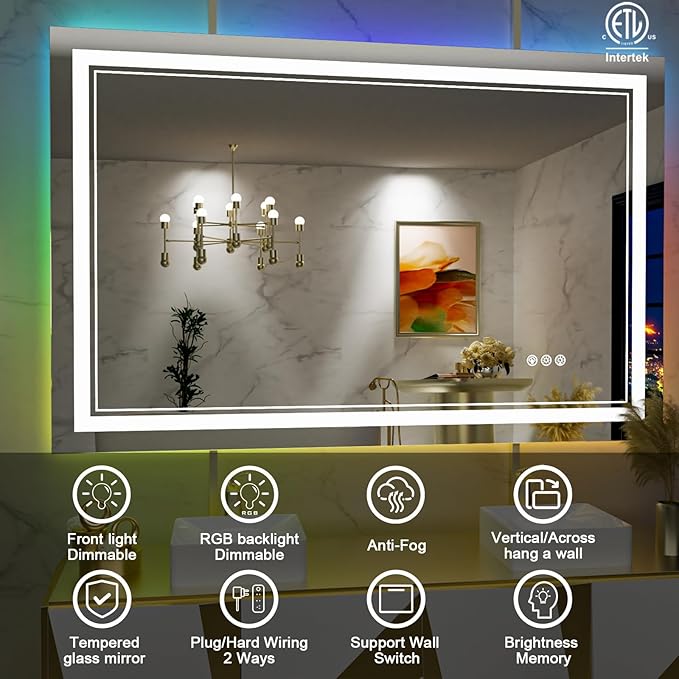 40x36 Inch RGB LED Bathroom Mirror with Lights, Color Changing RGB Backlit LED Mirror for Bathroom,Lighted Vanity Mirrors for Bathroom Wall, Dimmable, Anti-Fog (RGB Backlit+Front-Lit)
