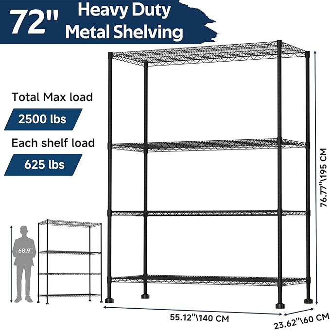 Whitmor 4 Tier Storage Shelves with Wheels, Heavy Duty Metal Shelving Unit, 625 lbs Capacity per Shelf, 2500 lbs Total for Kitchen, Garage, Plant, 55" L x 24" W x 72" H, Black