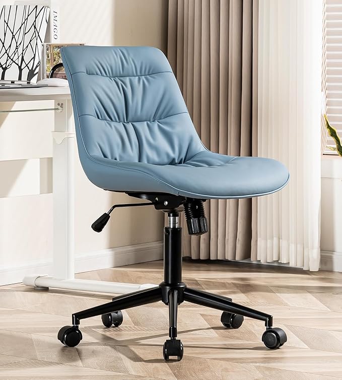 Kidol & Shellder Faux Leather Office Chair, Adjustable Swivel Height Task Chair, Rolling Wheels & Soft Backrest - Armless Ergonomic Desk Chair for Home, Office,Vanity,Gaming(Blue)