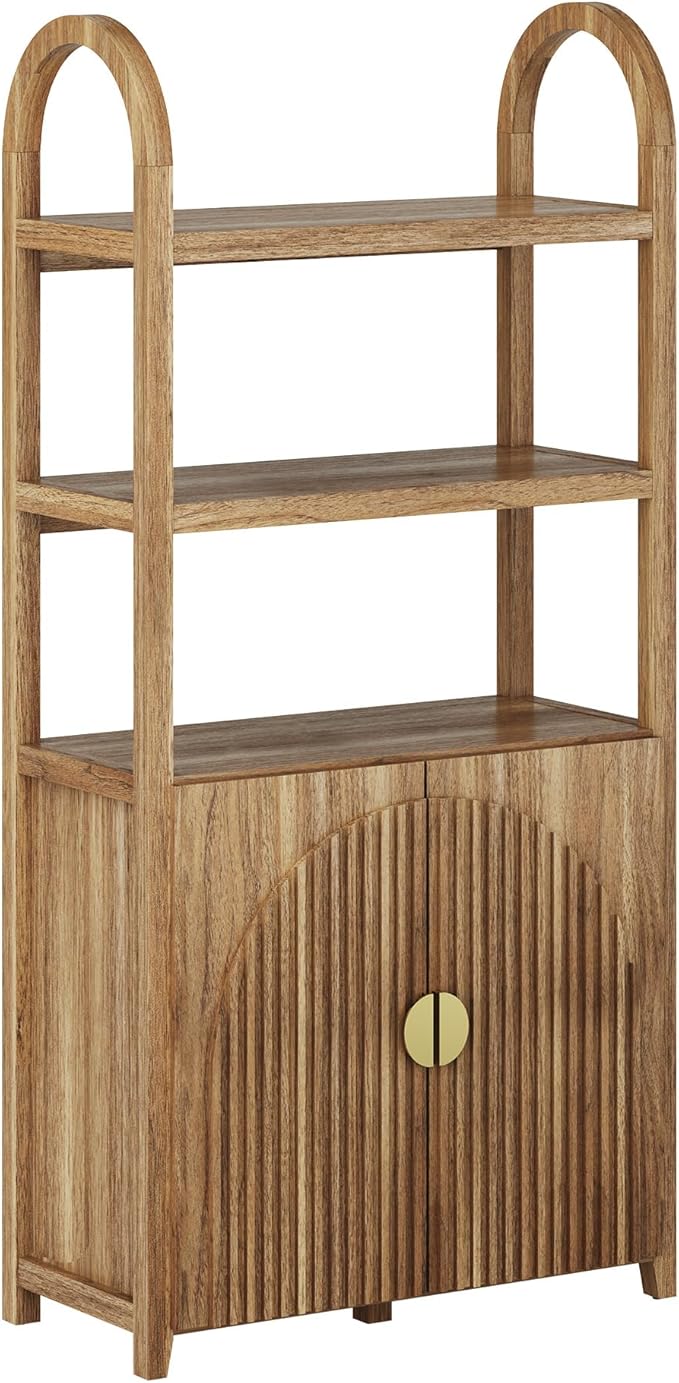 BELLEZE Book Shelf 72" Tall Arched Bookcase with Storage, 5 Tier Mid Century Modern Fluted Bookshelf with Doors, Modular Bookshelves for Living Room Office Library (Caramel Brown)