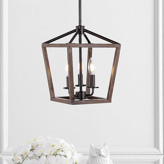 JONATHAN Y JYL1321A Pagoda 10" 3-Light Iron Farmhouse Industrial Lantern LED Pendant, Rustic, Bohemian, Coastal, for Dining Room, Kitchen, Living Room, Oil Rubbed Bronze/Faux Wood