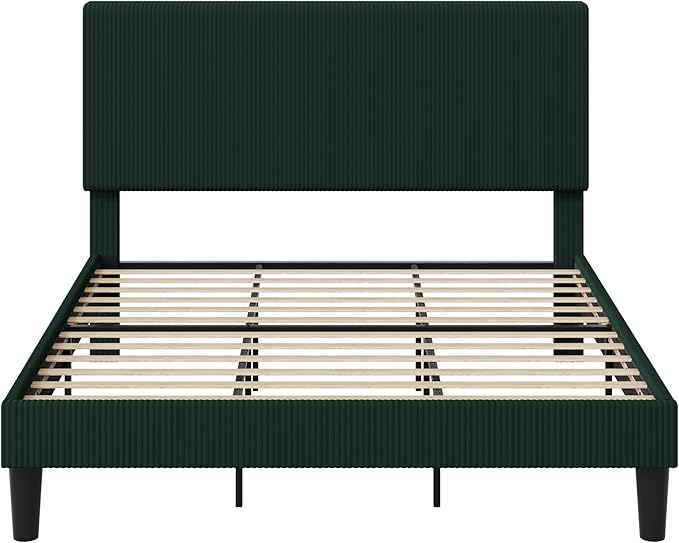 Allewie King Size Upholstered Bed Frame with Vertical Channel Tufted Headboard, Soft Corduroy Fabric Platform Bed, Strong Wooden Slats Support, Easy Assembly, No Box Spring Needed, Dark Green