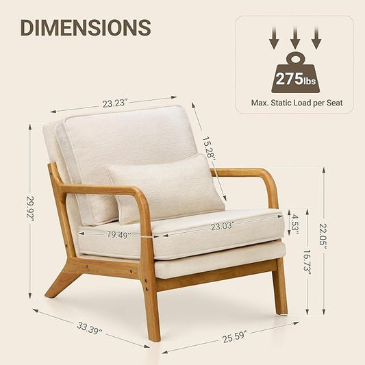 COLAMY Modern Accent Chair with with Solid Wood Frame, Mid Century Reading Leisure Armchair Lumbar Pillow& Soft Cushion, Relaxing Chair for Living Room,Bedroom,Waiting Room(Beige)