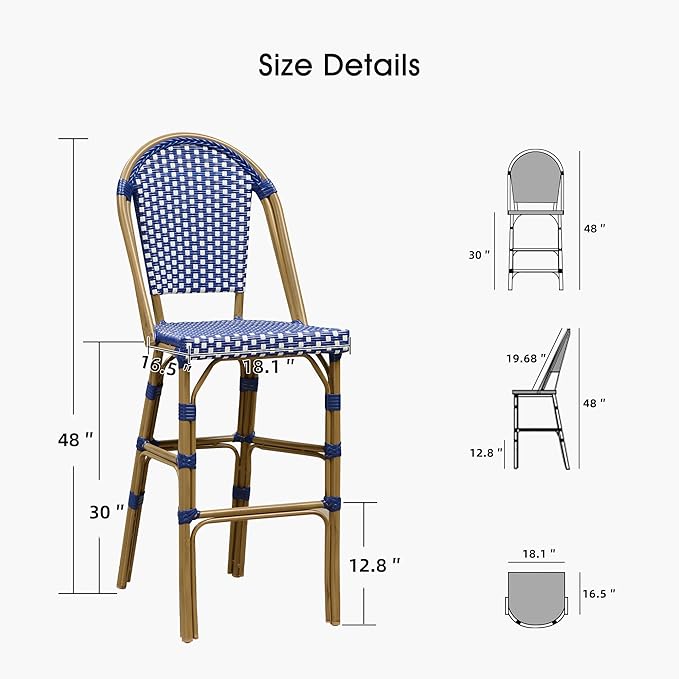 PURPLE LEAF French Bar Stool Set of 2 Bamboo Print Finish Patio Bar Stools with Back Rattan Chairs Wicker Bar Height Stool 30" with Footrest Kitchen Island Stools Outdoor Barstool Royal Blue
