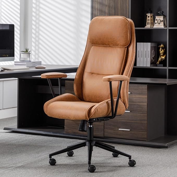 High Back Office Desk Chair,Ergonomic Reclining Office Chair,Modern Swivel Computer Chair,Conference Room Chairs,Brown Leather Chair with Lumbar Support,330lbs