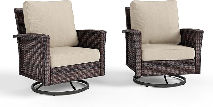 HERA'S HOUSE Outdoor Furniture, 2 x High Back Swivel Patio Chairs with 5.5" Cushions Wicker Rattan Deck Balcony Porch Furniture, Beige