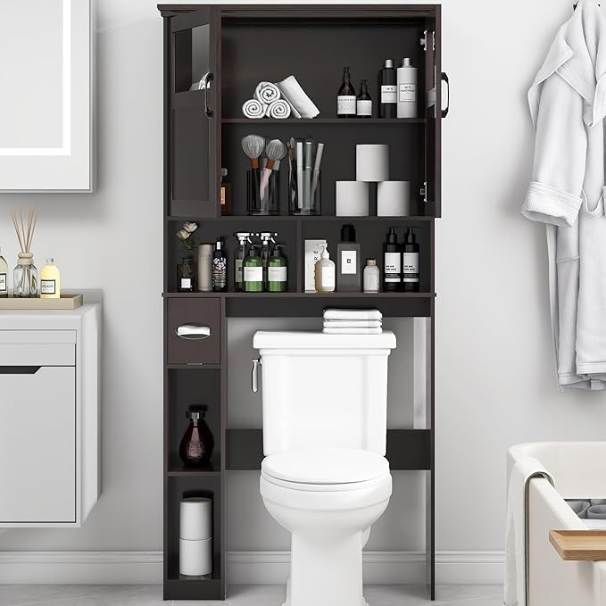 Over The Toilet Storage Cabinet, Storage Cabinet Over Toilet with Double Doors & Toilet Paper Holder Stand, Freestanding Toilet Shelf Space Saver with Anti-Tip Design & Adjustable Shelf, Espresso