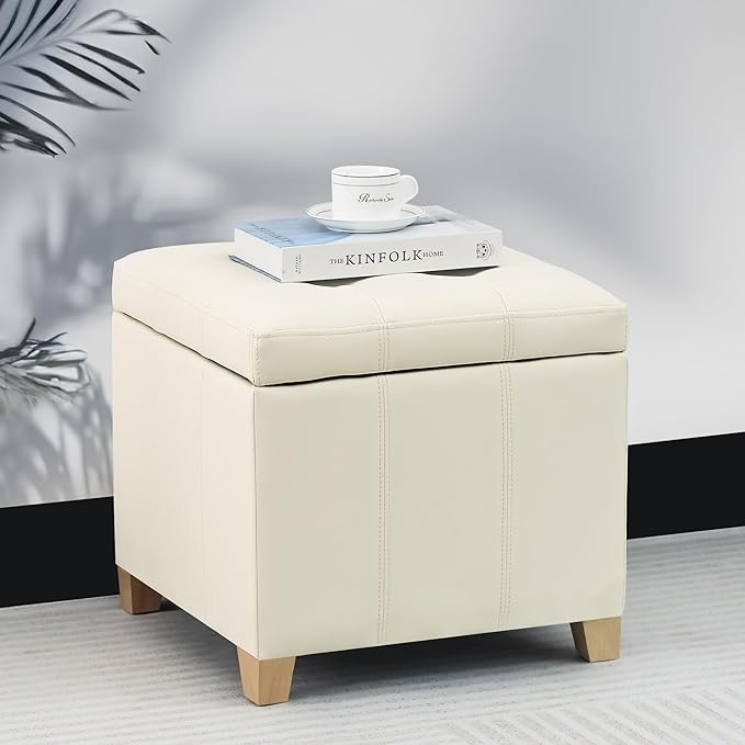Adeco Faux Leather Storage Ottoman with Hinged Lid, 17.5 Inch High Cream White Square Cube Foot Stool with Storage, Upholstered Vanity Stool with Solid Wood Legs for Living Room, Bedroom, Dorm