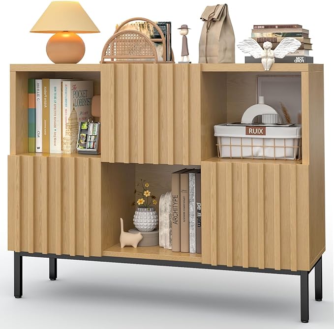 Vabches Fluted Short Bookcase, 6 Cube Storage Organizer with Doors, Modern 2-Tier Open Bookshelf for Home and Office, Wood Floor Standing Display Cabinet Rack, Natural