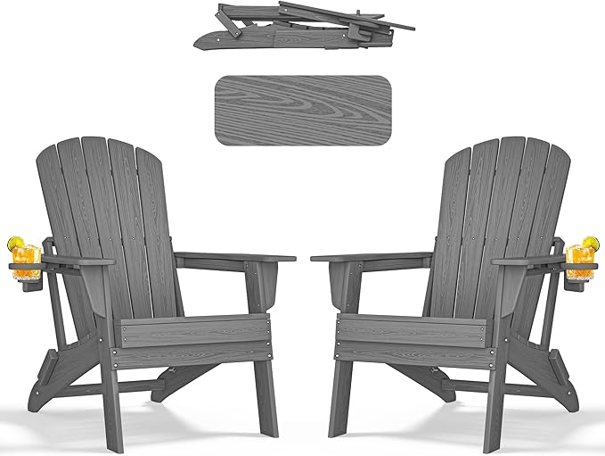 nevilywood Folding Adirondack Chair - Extended Ergonomic Backrest, Cup Holder - Easy Assembly - Durable HDPE Plastic, Weather Resistant & Maintenance-Free - Lawn, Patio, Deck Supports 380lbs Grey