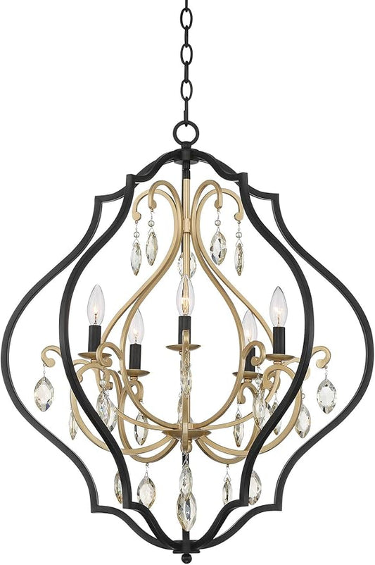 Clara Black Soft Gold Iron Pendant Chandelier 26 1/2" Wide French Amber Crystal 5-Light Fixture for Dining Room House Home Foyer Entryway Kitchen Bedroom Living High Ceiling - Barnes and Ivy
