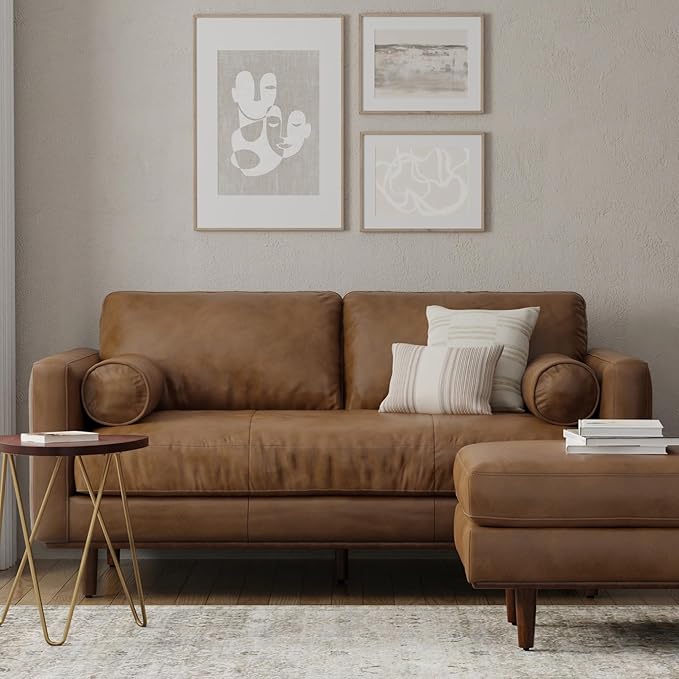 SIMPLIHOME Morrison 72-inch Wide Sofa in Caramel Brown Top Grain Genuine Leather, Mid-Century Modern-Style Loveseat for Living Room, Single Bench Cushion, Removable Back Cushions, 2 Bolster Pillows
