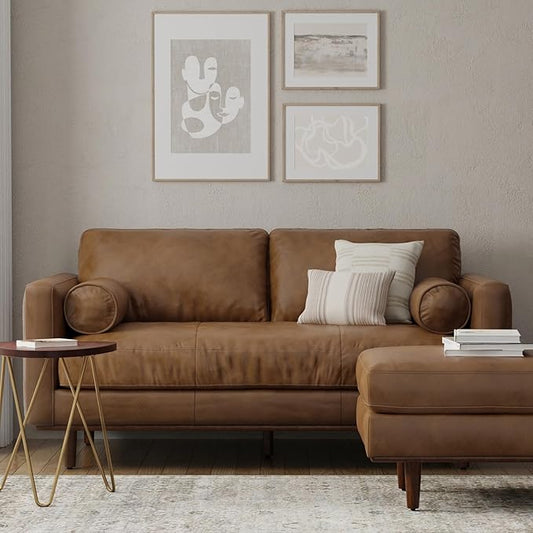 SIMPLIHOME Morrison 72-inch Wide Sofa in Caramel Brown Top Grain Genuine Leather, Mid-Century Modern-Style Loveseat for Living Room, Single Bench Cushion, Removable Back Cushions, 2 Bolster Pillows