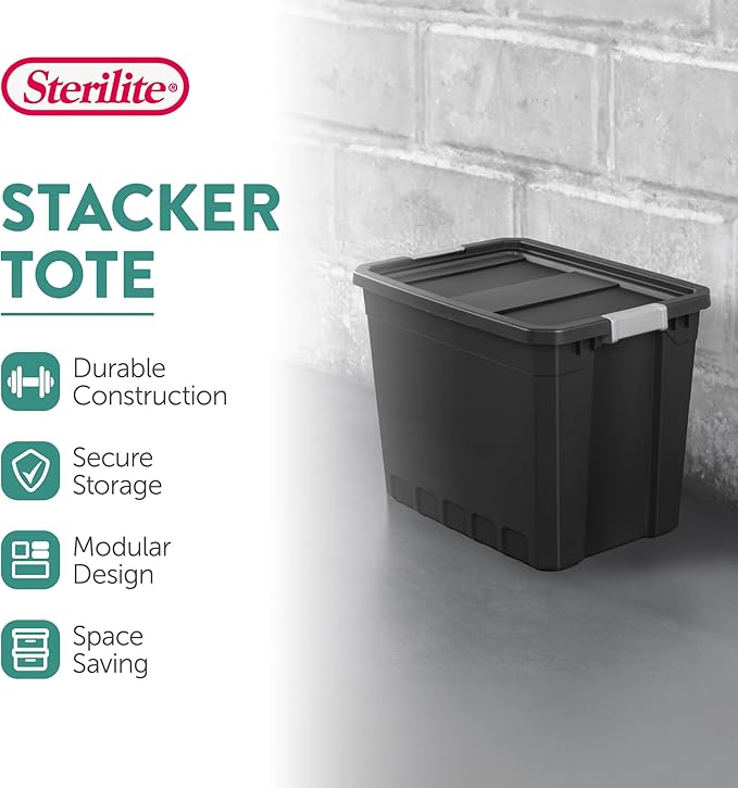 Sterilite 4-Pack Plastic Storage Bins with Lids, Stackable Containers, 27 Gallon, Black